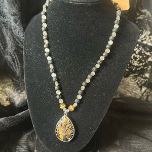 Tiger’s Eye Tree Necklace (Beige Crystal Beads, Black Lava Rock And Tiger’s Eye)